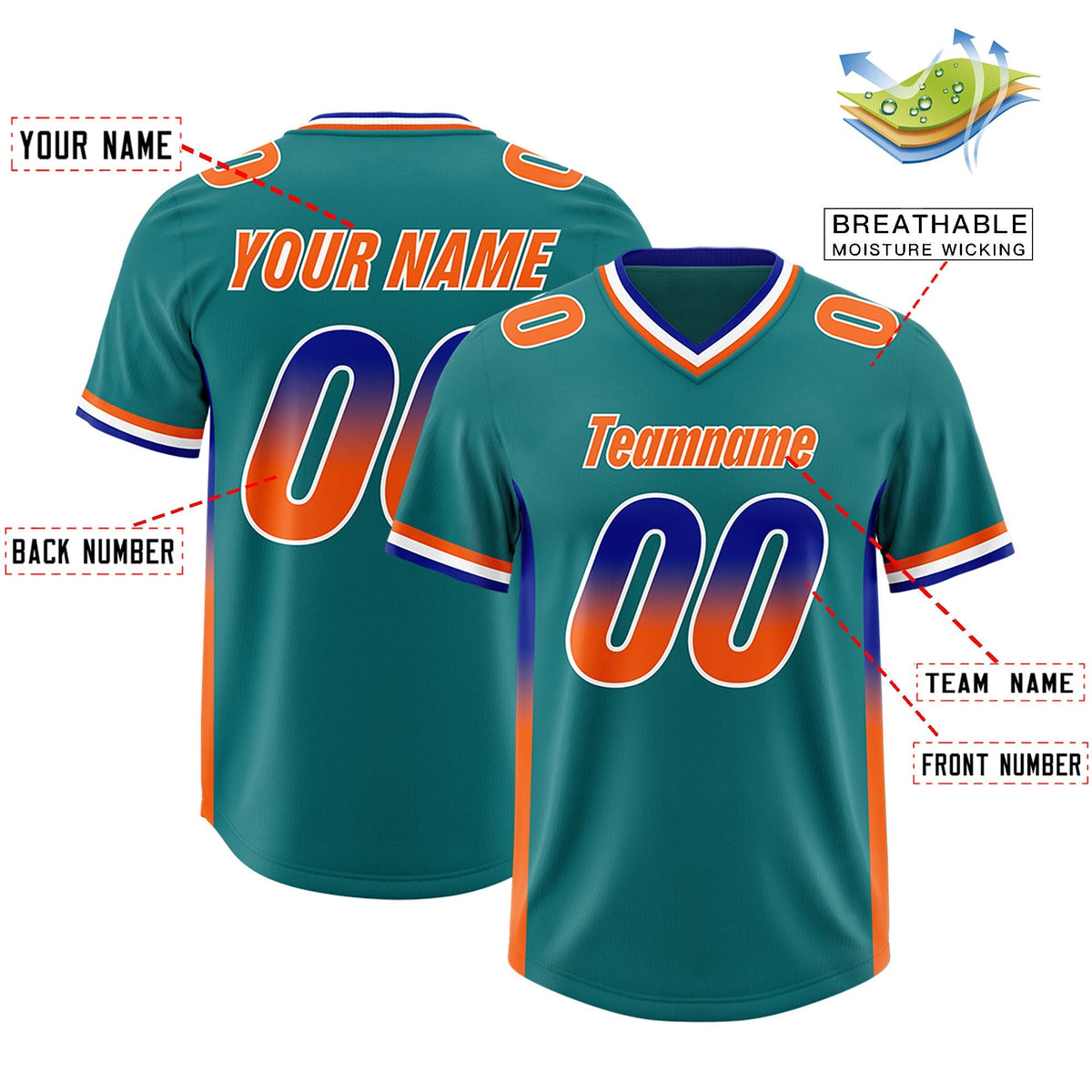 Custom Aqua Royal and Orange Sides Gradient Fashion Personalized Team American Football Jersey