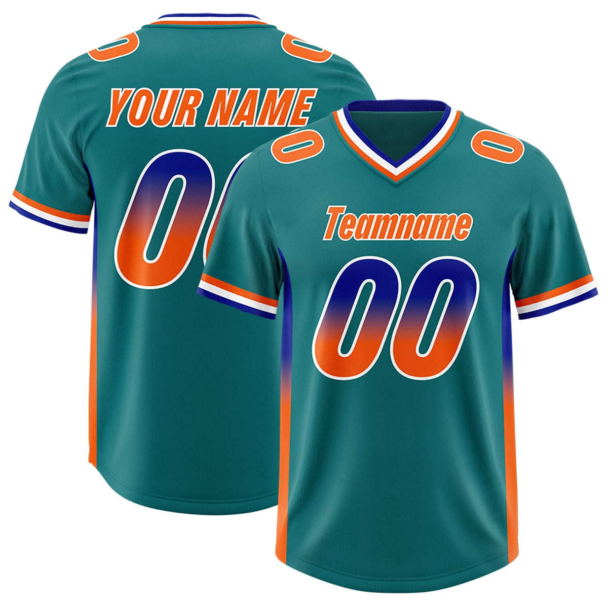 Custom Aqua Royal and Orange Sides Gradient Fashion Personalized Team American Football Jersey