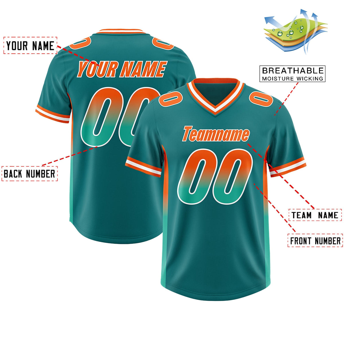 Custom Aqua Orange and Bright Green Sides Gradient Fashion Personalized Team American Football Jersey