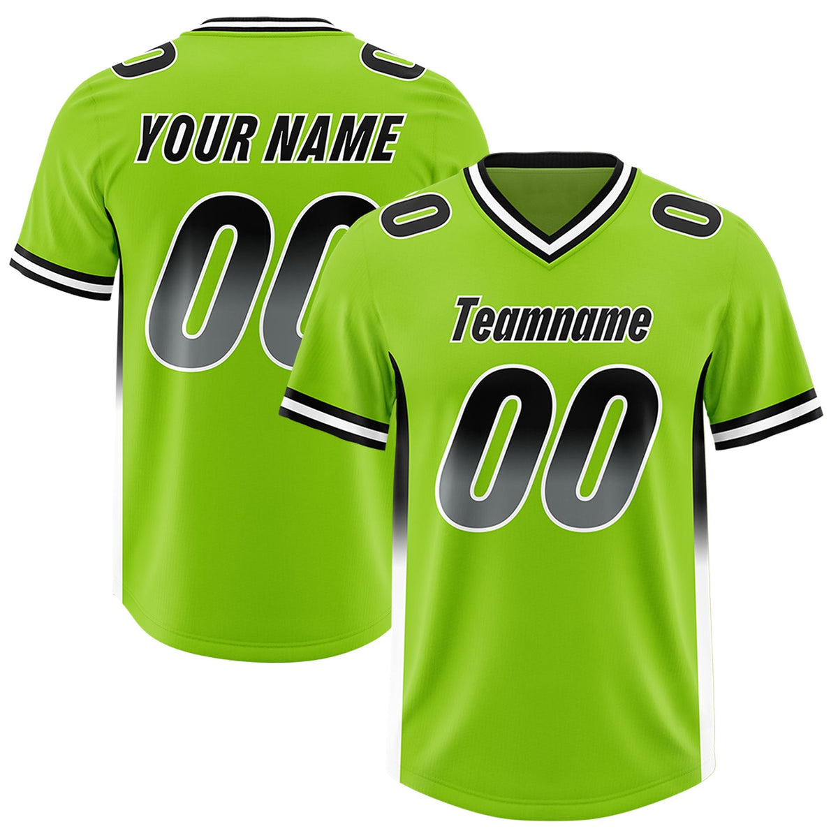 Custom Neon Green Black and White Sides Gradient Fashion Personalized Team American Football Jersey