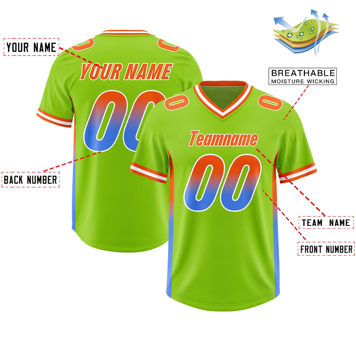 Custom Neon Green Orange and Powder Blue Sides Gradient Fashion Personalized Team American Football Jersey