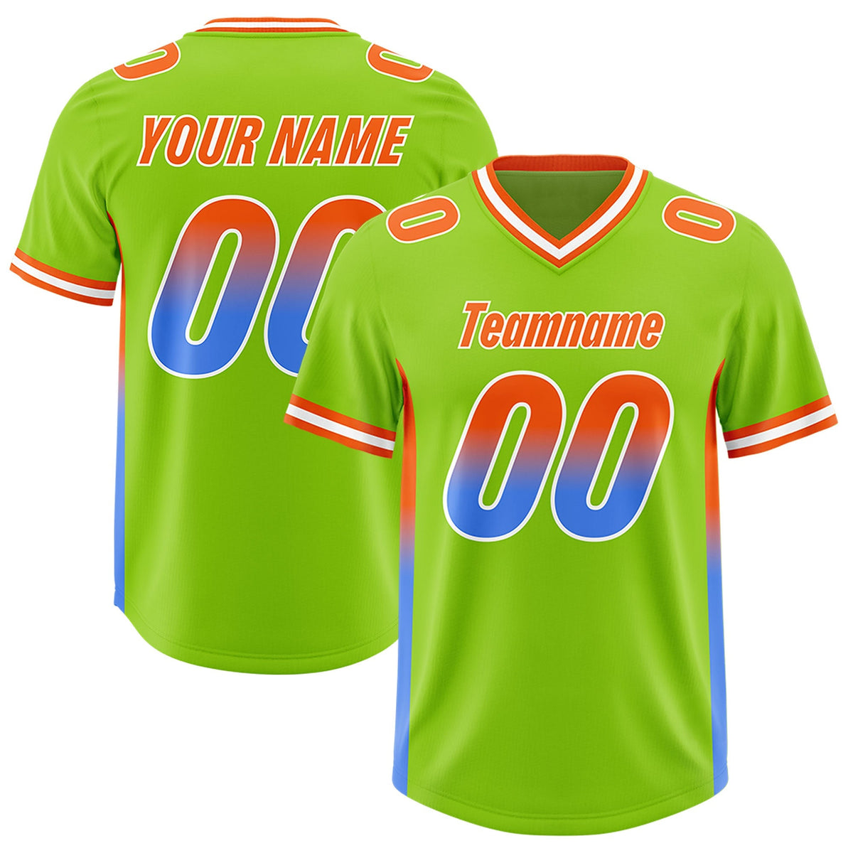 Custom Neon Green Orange and Powder Blue Sides Gradient Fashion Personalized Team American Football Jersey