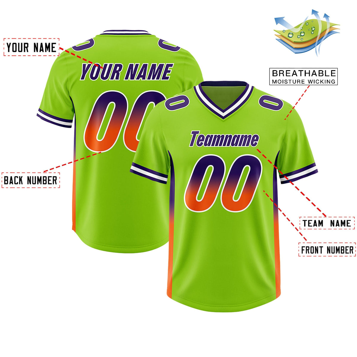 Custom Neon Green Purple and Orange Sides Gradient Fashion Personalized Team American Football Jersey