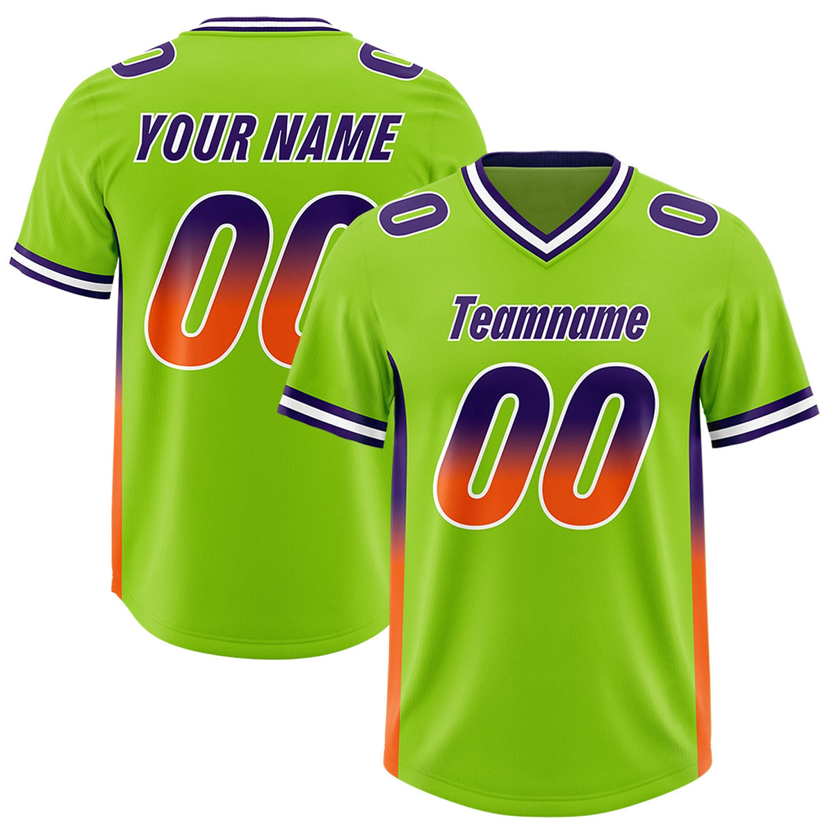 Custom Neon Green Purple and Orange Sides Gradient Fashion Personalized Team American Football Jersey