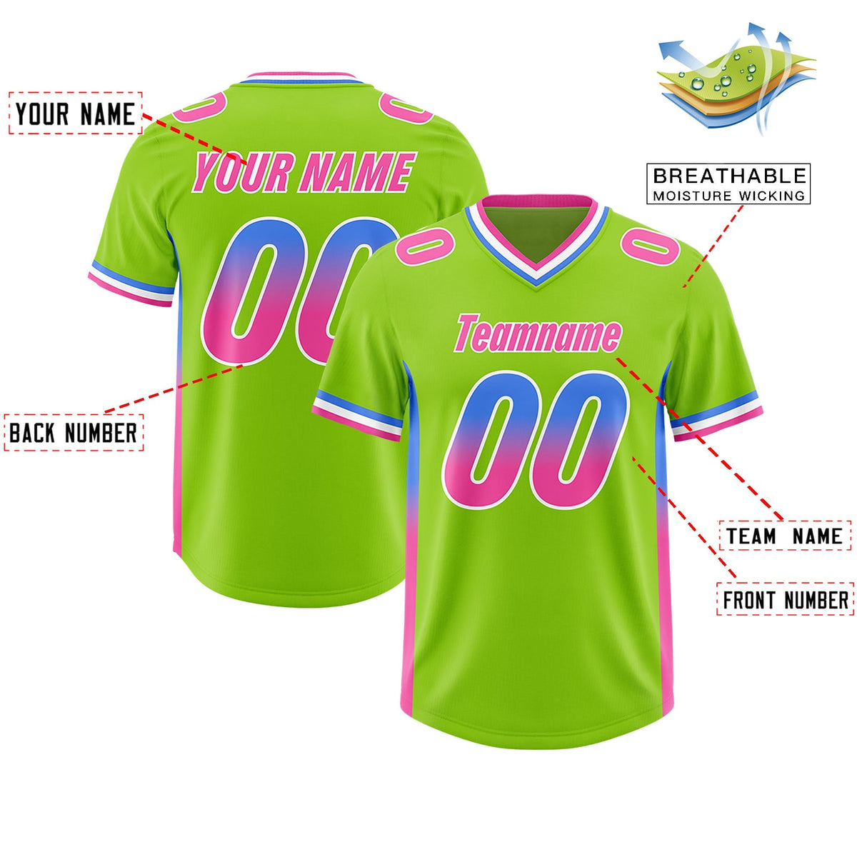 Custom Neon Green Powder Blue and Pink Sides Gradient Fashion Personalized Team American Football Jersey