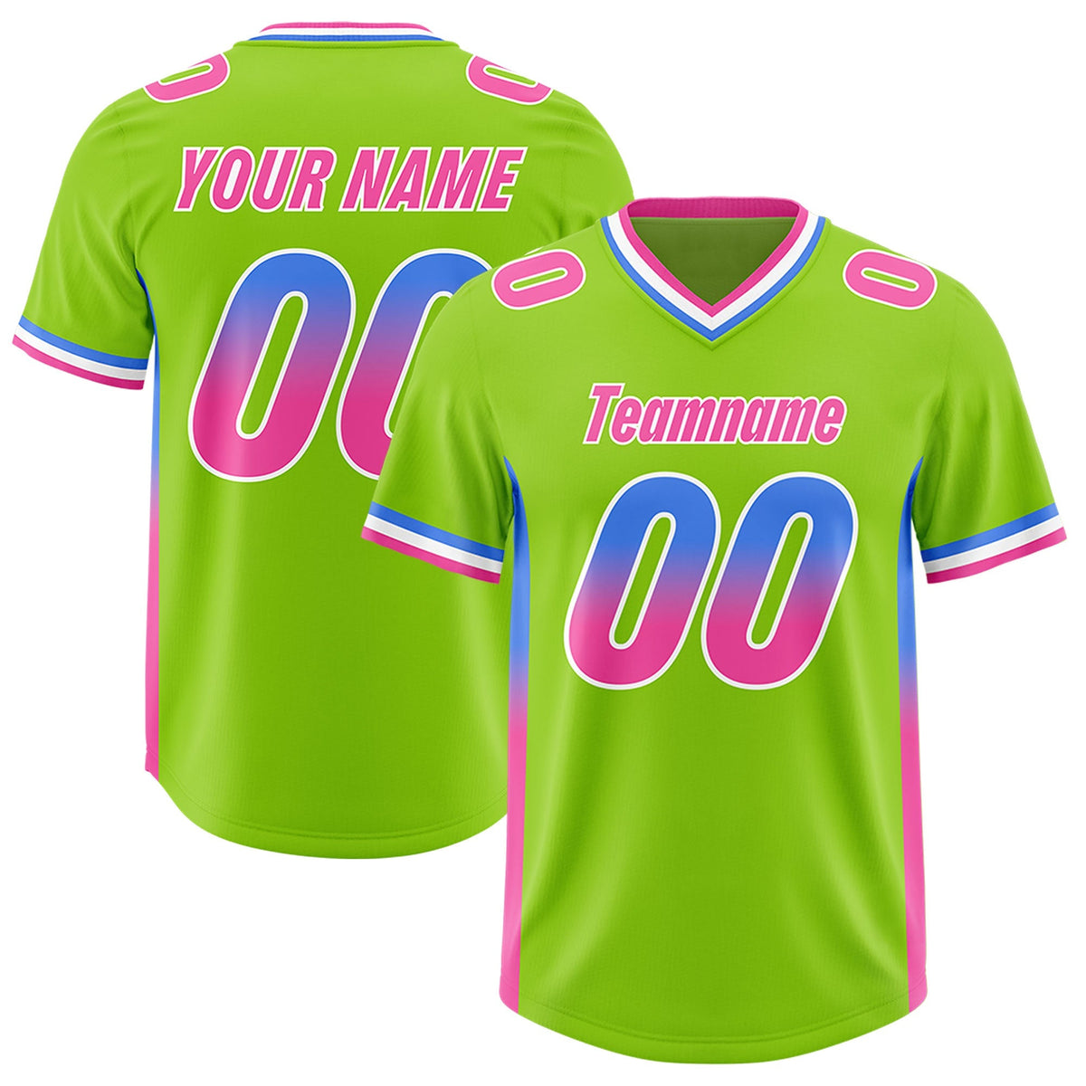 Custom Neon Green Powder Blue and Pink Sides Gradient Fashion Personalized Team American Football Jersey