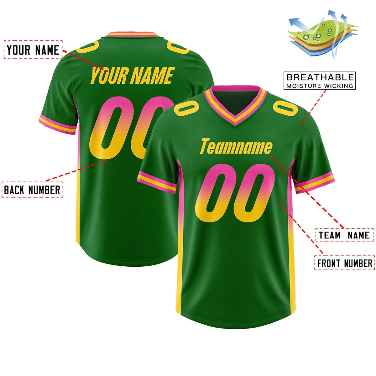 Custom Kelly Green Pink and Gold Sides Gradient Fashion Personalized Team American Football Jersey