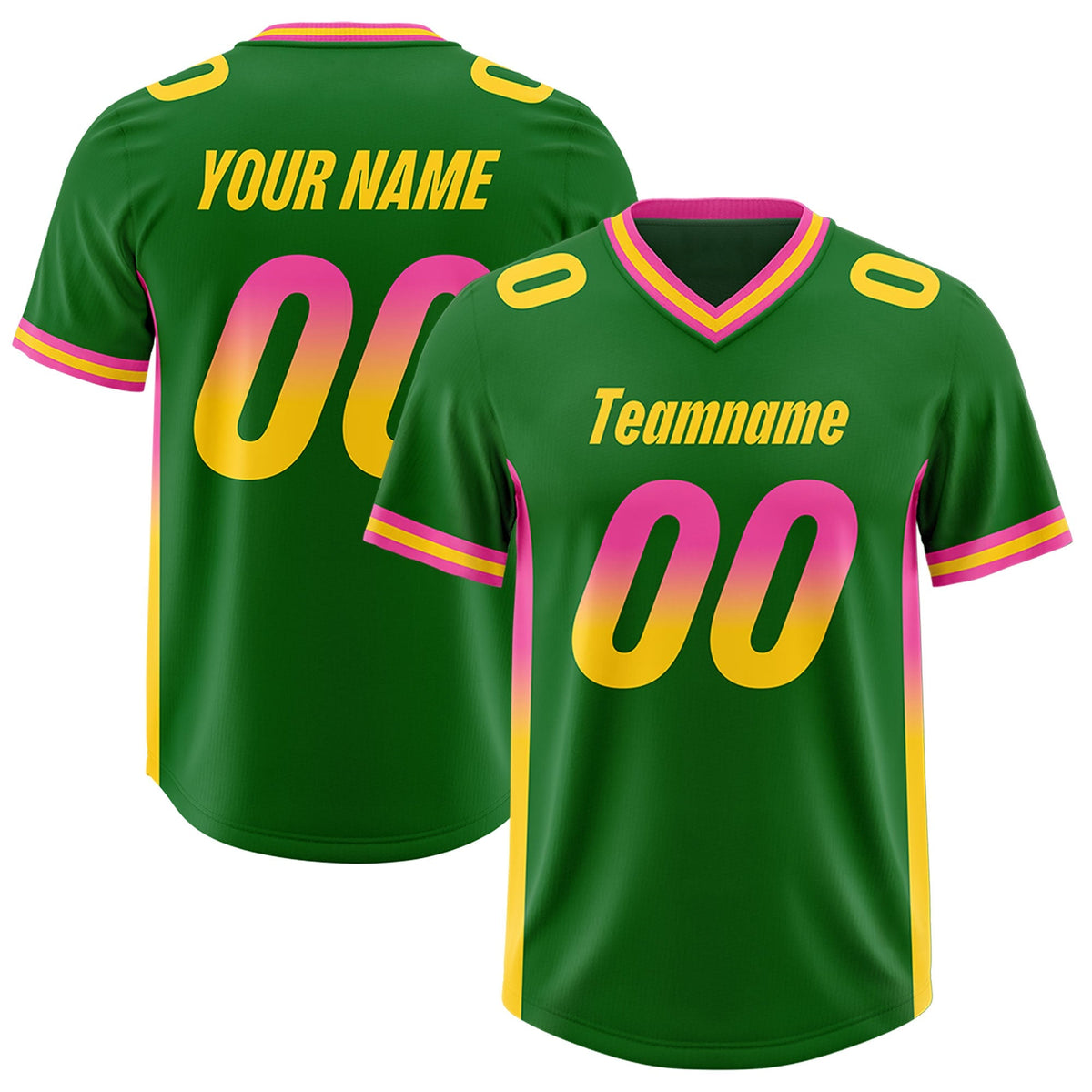 Custom Kelly Green Pink and Gold Sides Gradient Fashion Personalized Team American Football Jersey