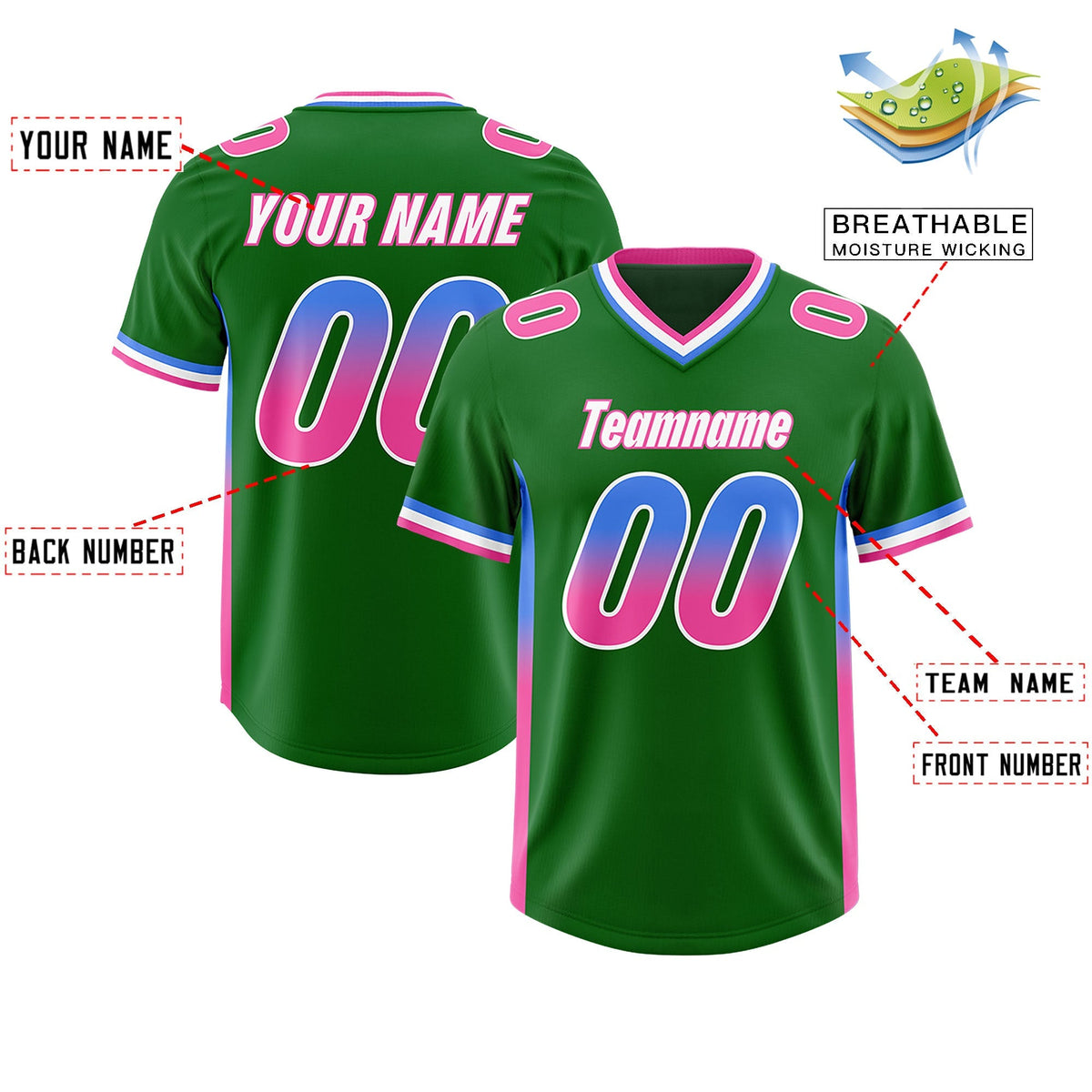 Custom Kelly Green Powder Blue and Pink Sides Gradient Fashion Personalized Team American Football Jersey