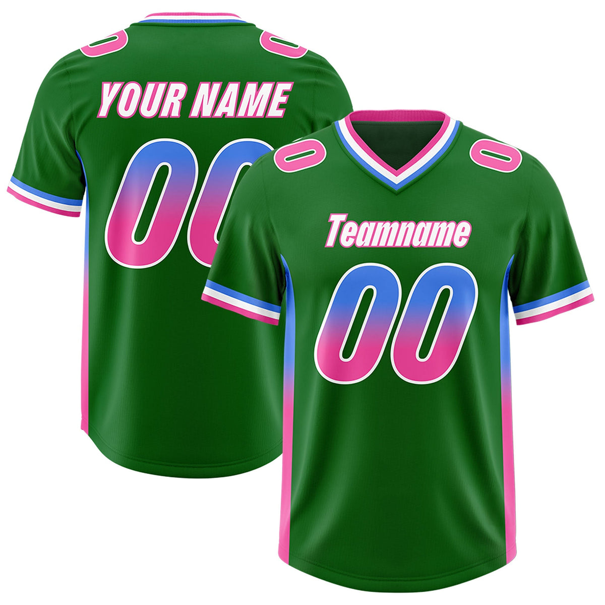 Custom Kelly Green Powder Blue and Pink Sides Gradient Fashion Personalized Team American Football Jersey