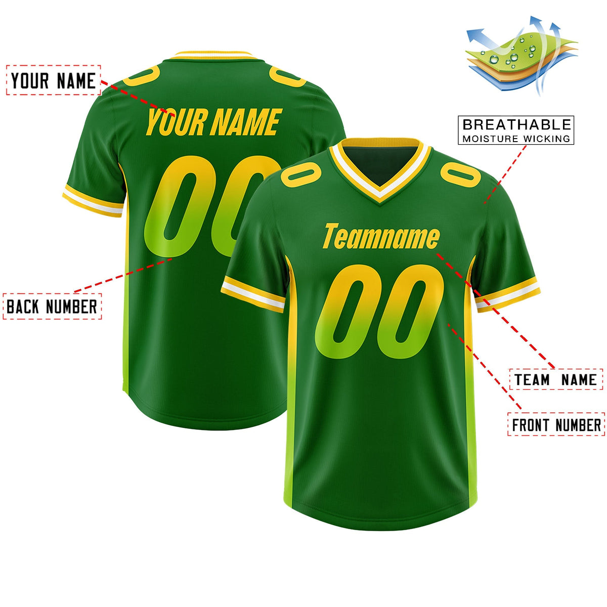 Custom Kelly Green Gold Sides Gradient Fashion Personalized Team American Football Jersey