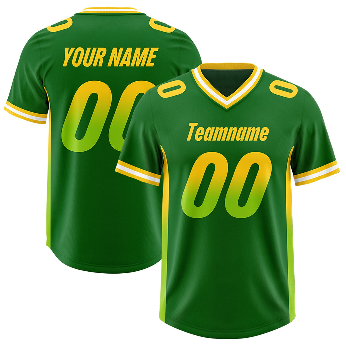 Custom Kelly Green Gold Sides Gradient Fashion Personalized Team American Football Jersey