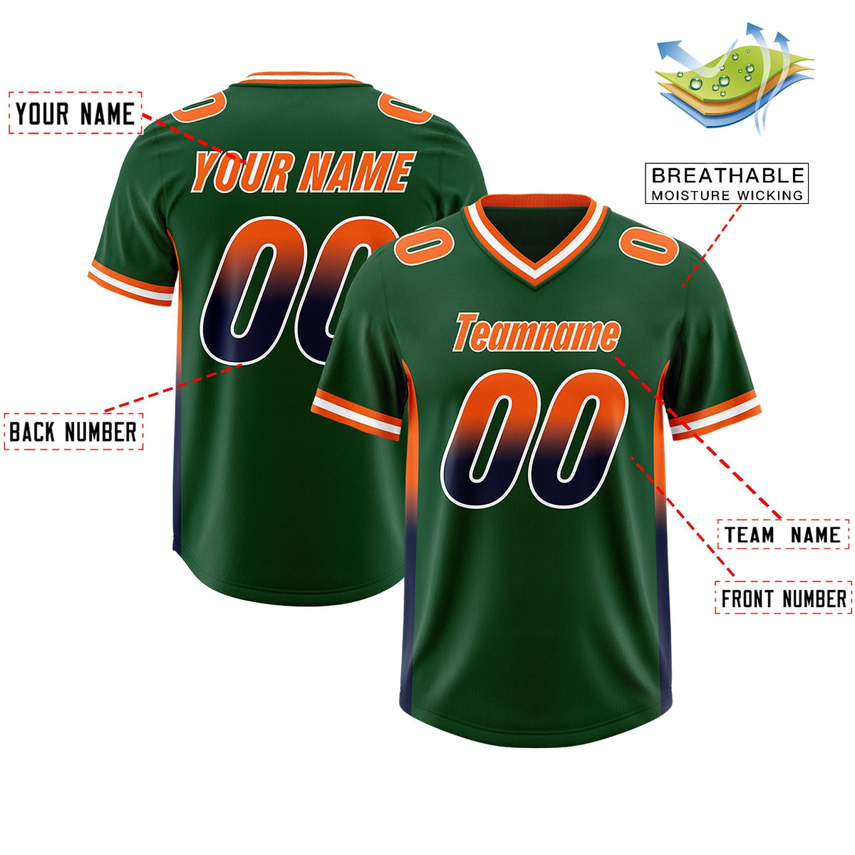 Custom Green Orange and Navy Sides Gradient Fashion Personalized Team American Football Jersey