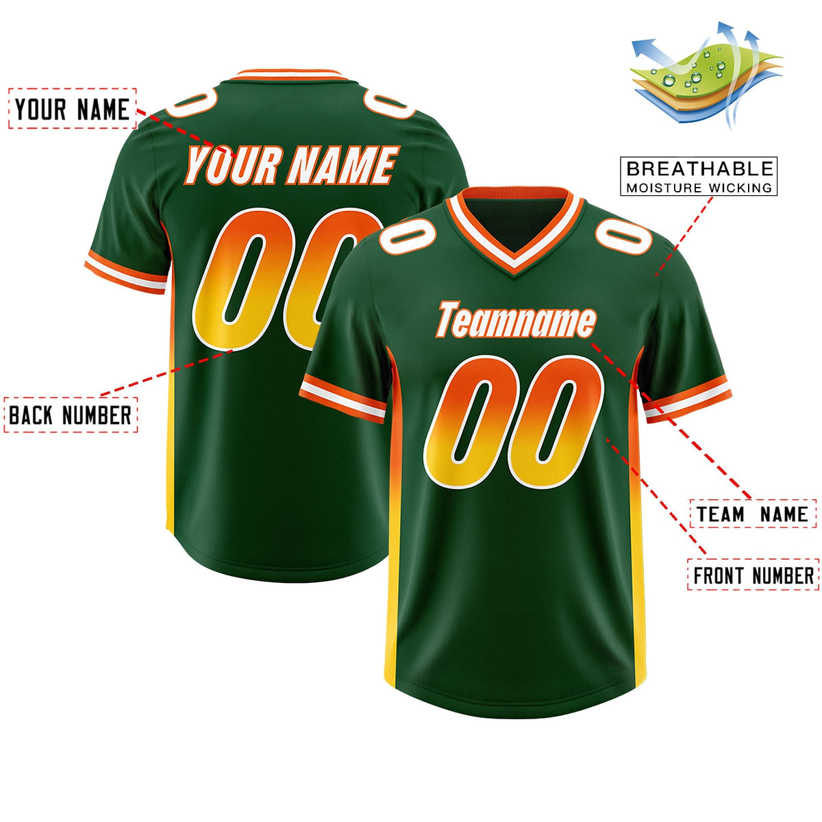 Custom Green Orange and Gold Sides Gradient Fashion Personalized Team American Football Jersey