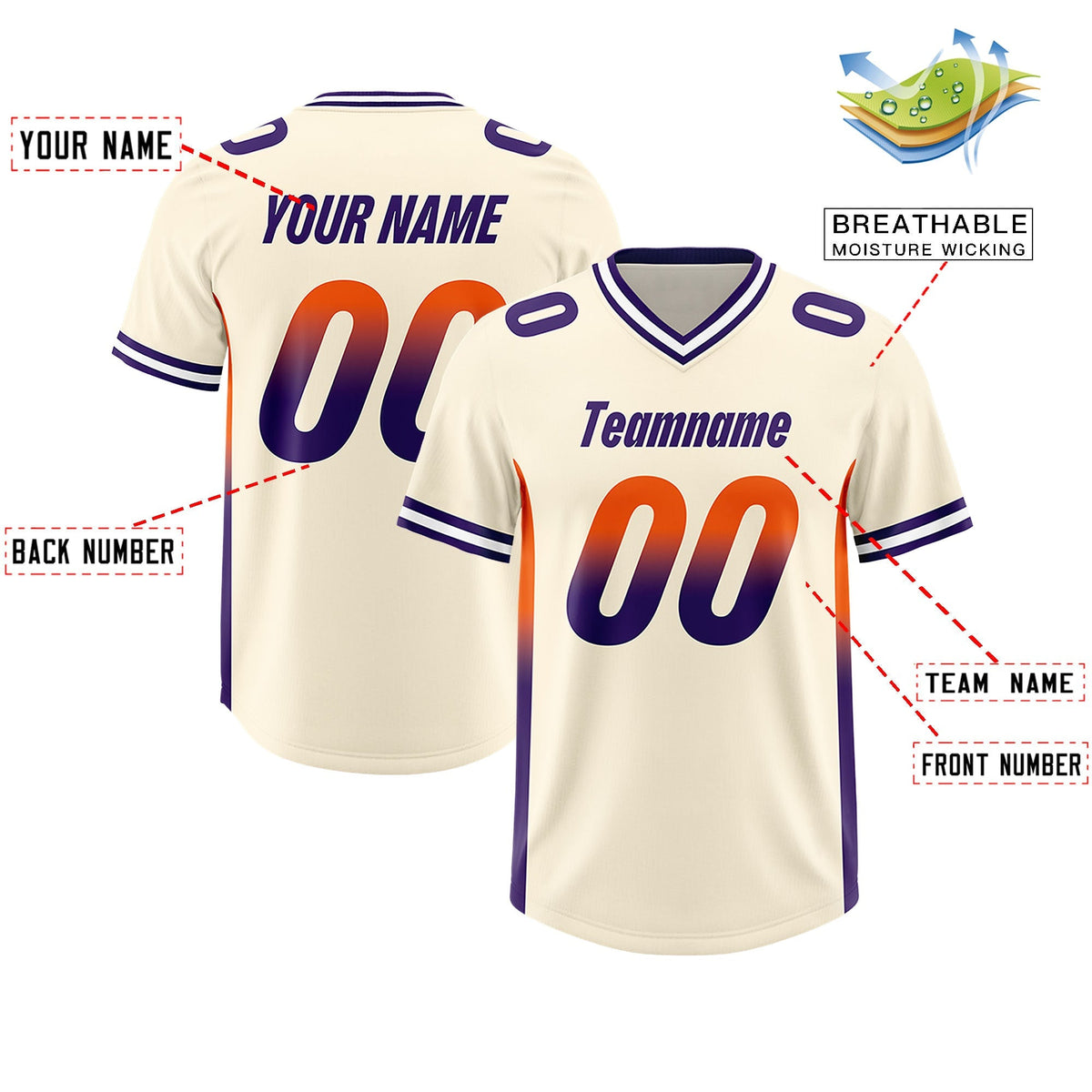 Custom Cream Orange and Purple Sides Gradient Fashion Personalized Team American Football Jersey