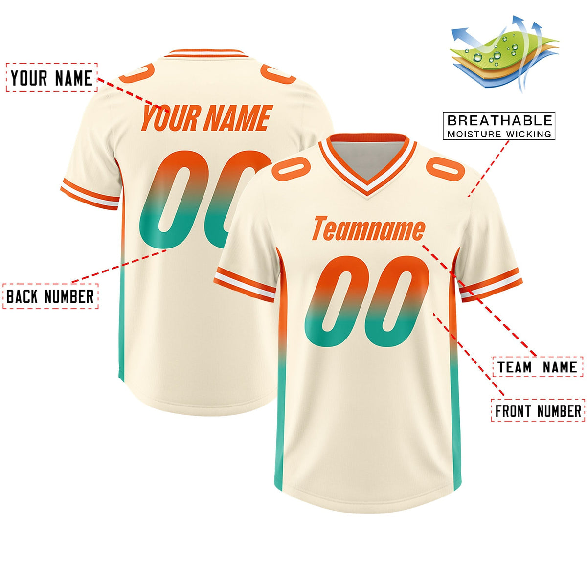 Custom Cream Orange and Bright Green Sides Gradient Fashion Personalized Team American Football Jersey