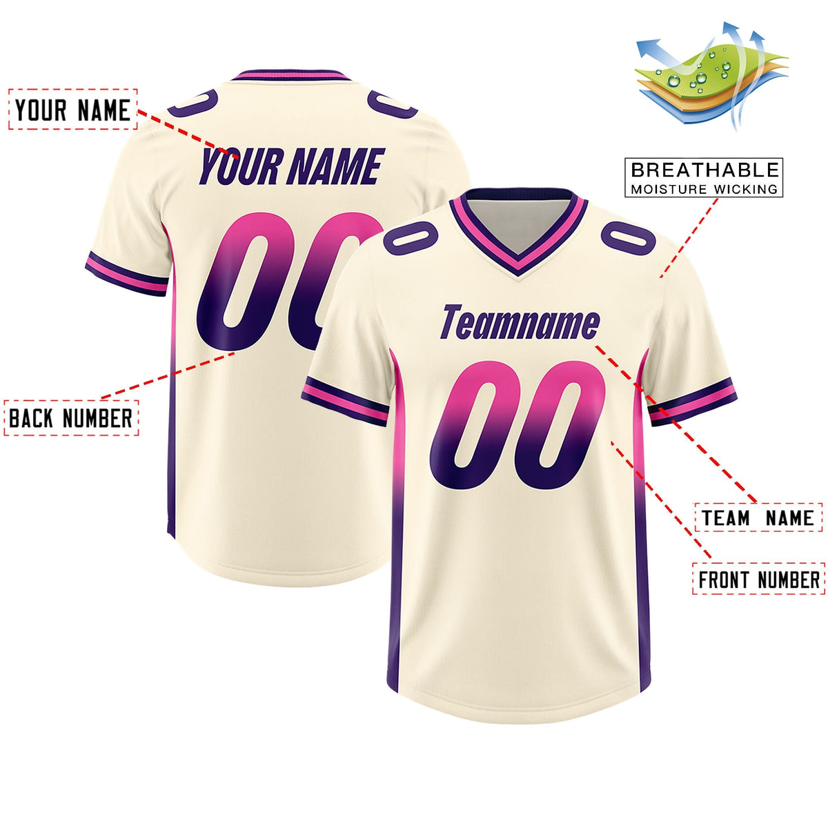 Custom Cream Pink and Purple Sides Gradient Fashion Personalized Team American Football Jersey