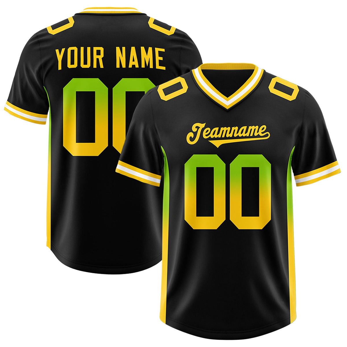 Custom Black Neon Green and Gold Sides Gradient Fashion Personalized Team American Football Jersey