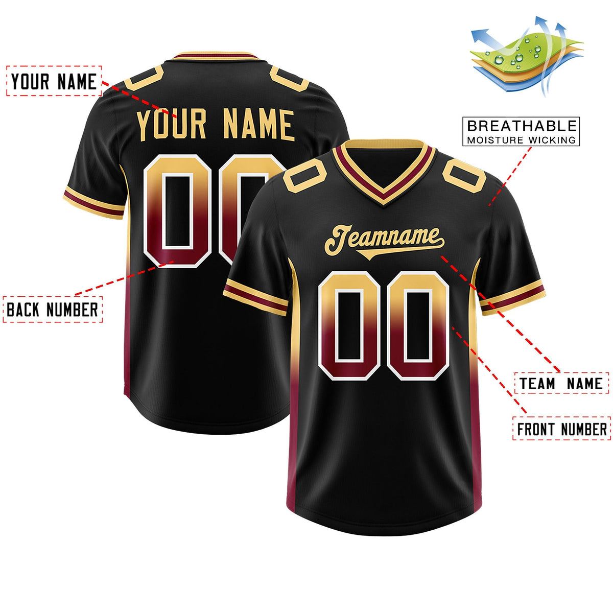 Custom Black Khaki and Cardinal Sides Gradient Fashion Personalized Team American Football Jersey
