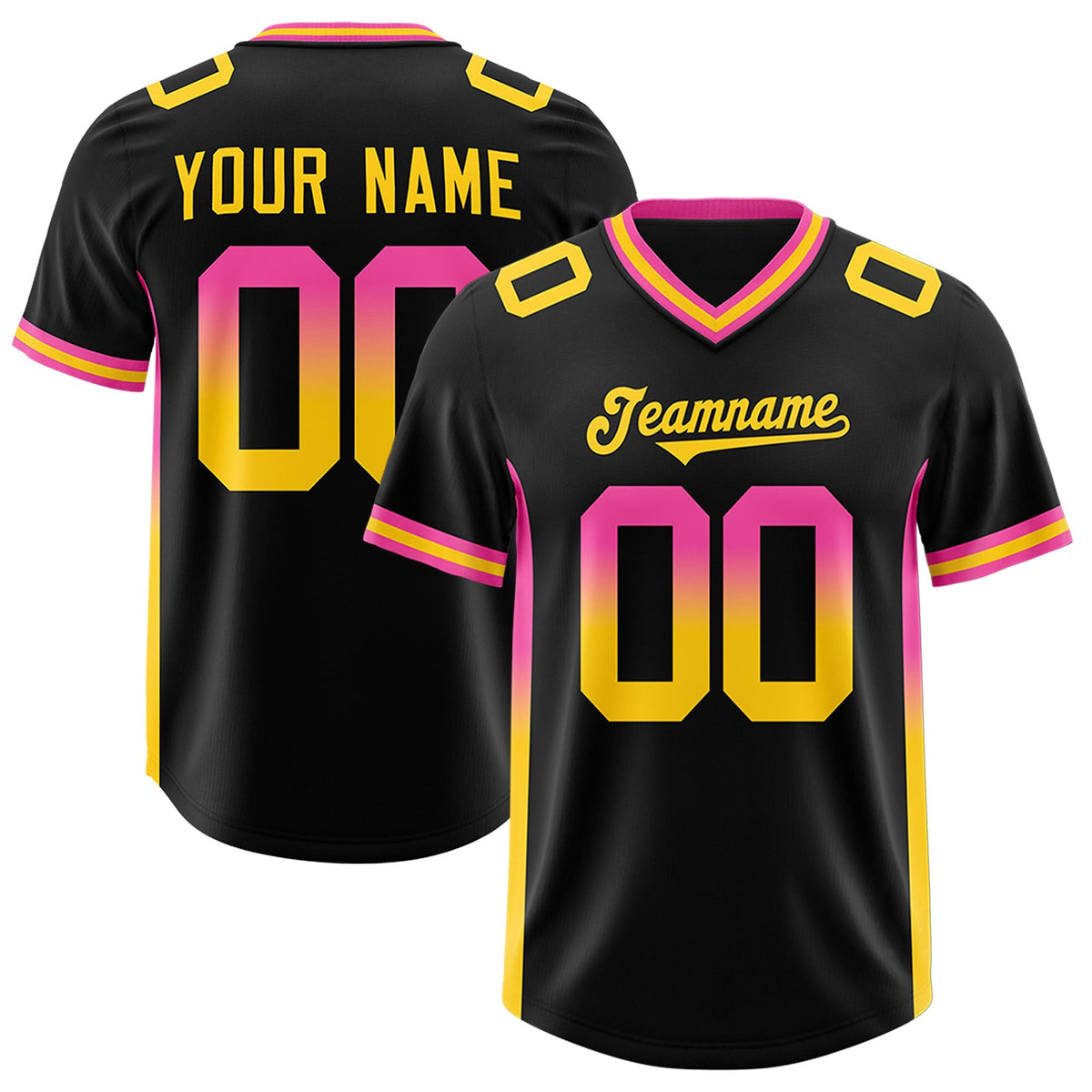 Custom Black Pink and Gold Sides Gradient Fashion Personalized Team American Football Jersey