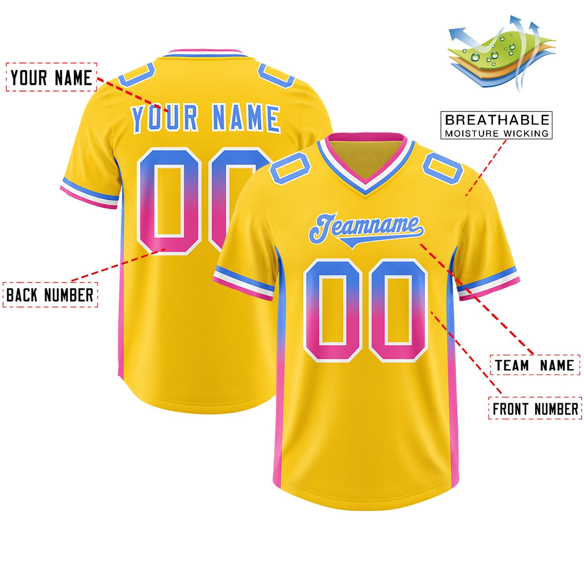 Custom Gold Powder Blue and Pink Sides Gradient Fashion Personalized Team American Football Jersey