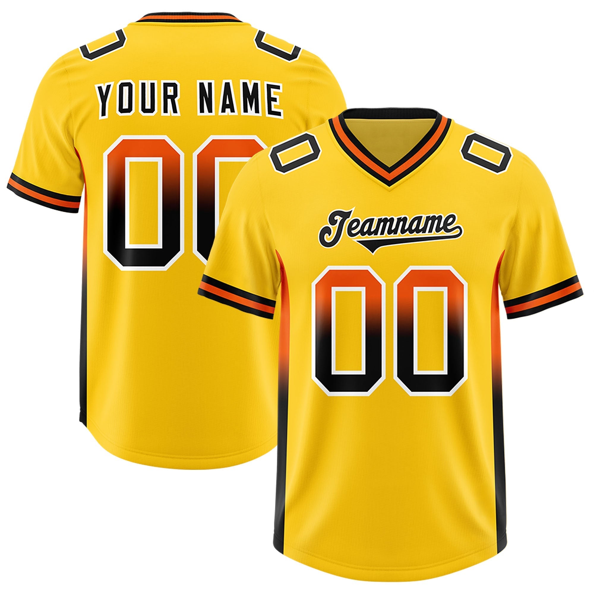 Custom Gold Orange and Black Sides Gradient Fashion Personalized Team American Football Jersey