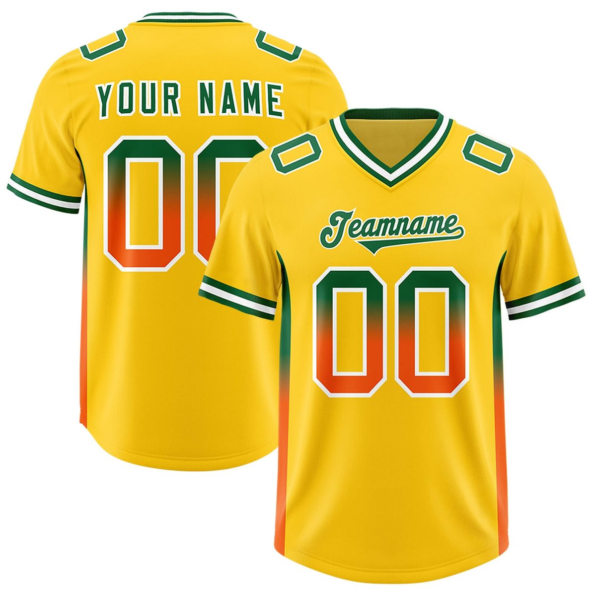 Custom Gold Kelly Green and Orange Sides Gradient Fashion Personalized Team American Football Jersey