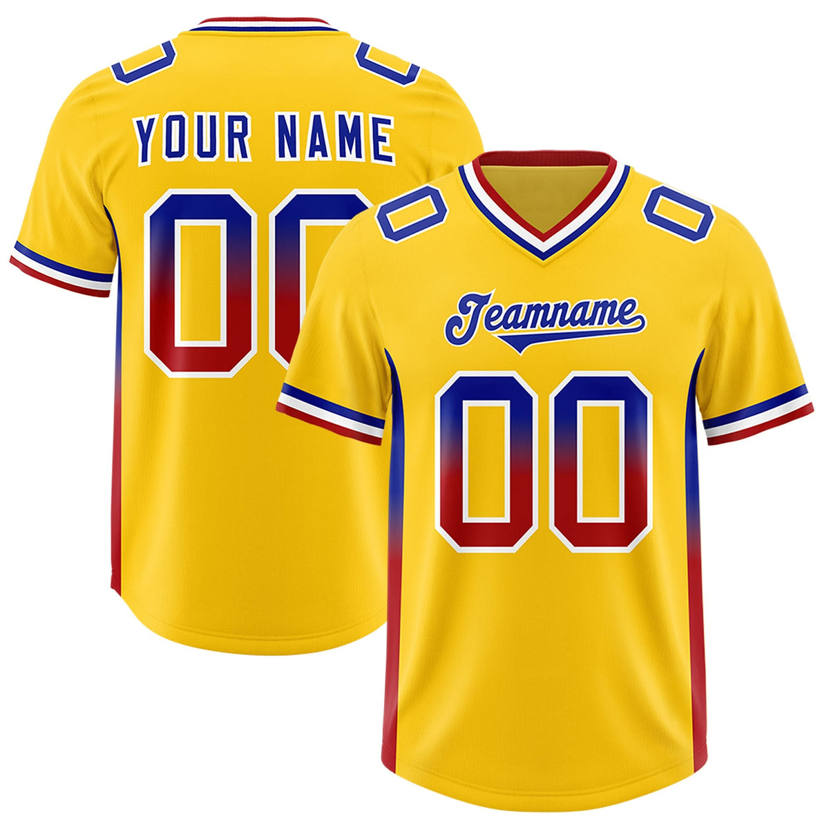 Custom Gold Royal and Red Sides Gradient Fashion Personalized Team American Football Jersey