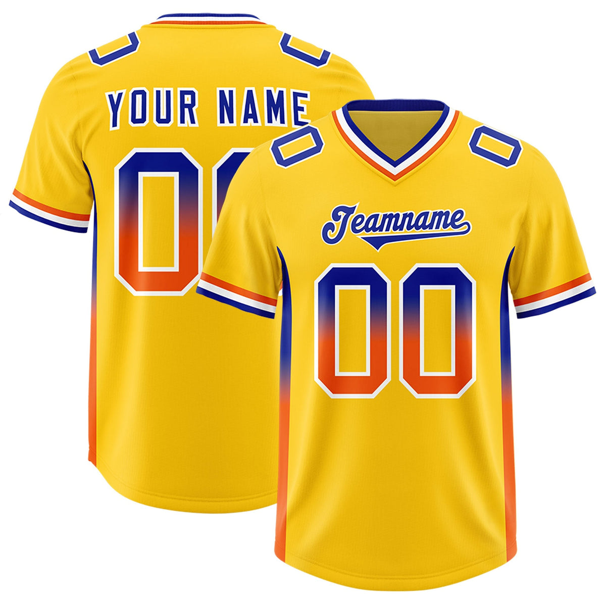 Custom Gold Royal and Orange Sides Gradient Fashion Personalized Team American Football Jersey