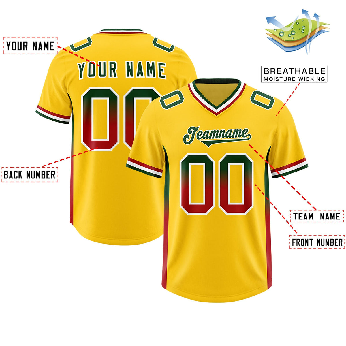 Custom Gold Green and Red Sides Gradient Fashion Personalized Team American Football Jersey