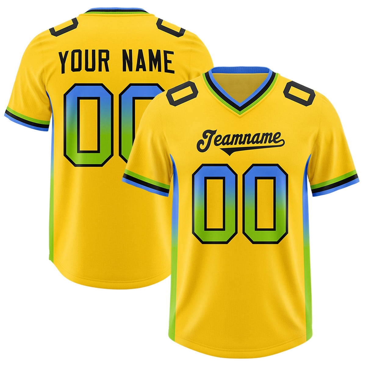 Custom Gold Powder Blue and Neon Green Sides Gradient Fashion Personalized Team American Football Jersey