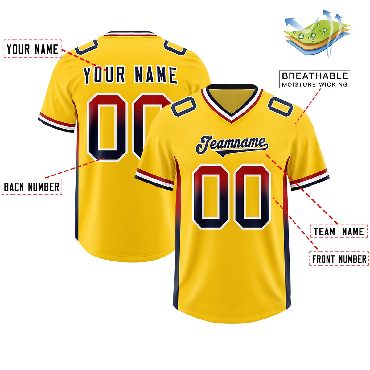 Custom Gold Red and Navy Sides Gradient Fashion Personalized Team American Football Jersey