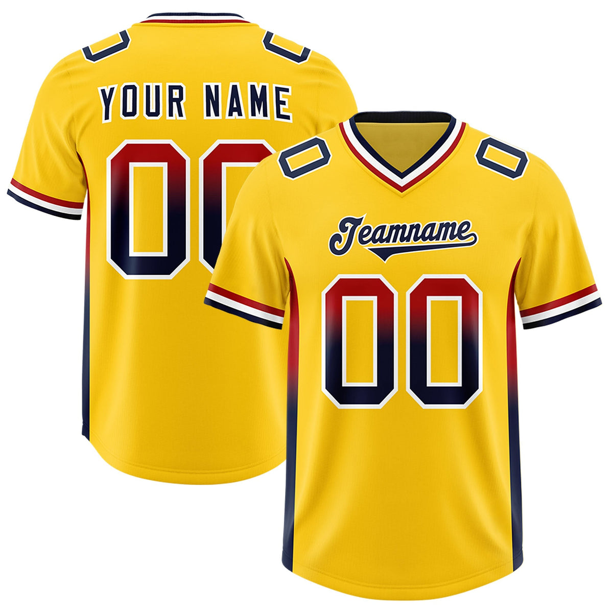 Custom Gold Red and Navy Sides Gradient Fashion Personalized Team American Football Jersey