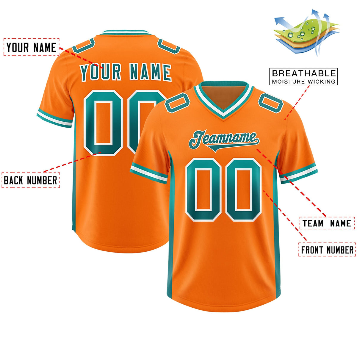 Custom Orange Aqua and Aqua Sides Gradient Fashion Personalized Team American Football Jersey