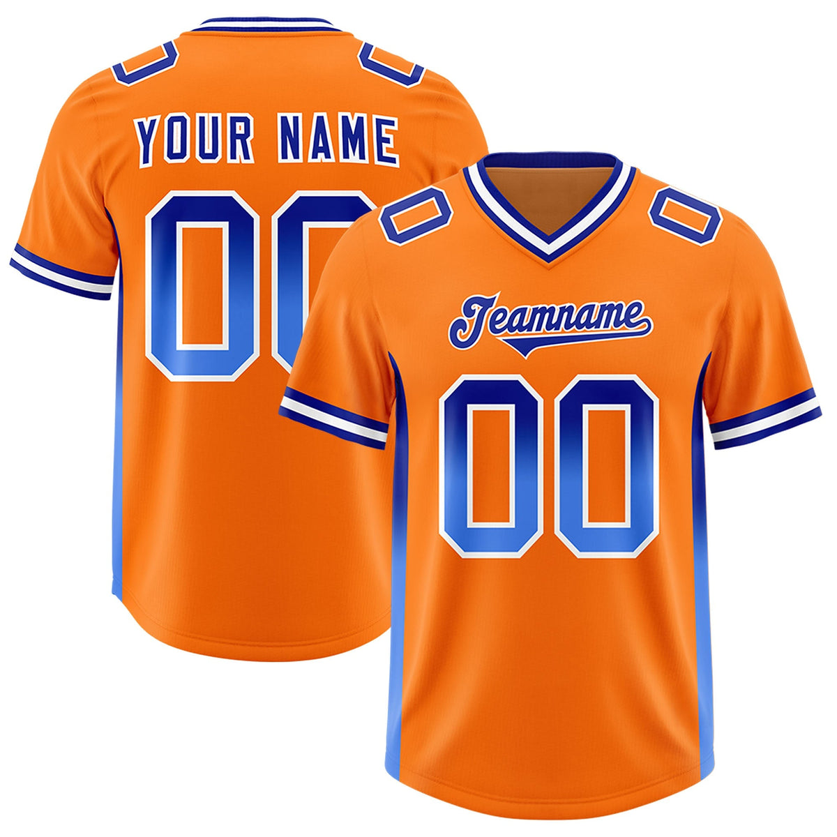 Custom Orange Royal and Powder Blue Sides Gradient Fashion Personalized Team American Football Jersey