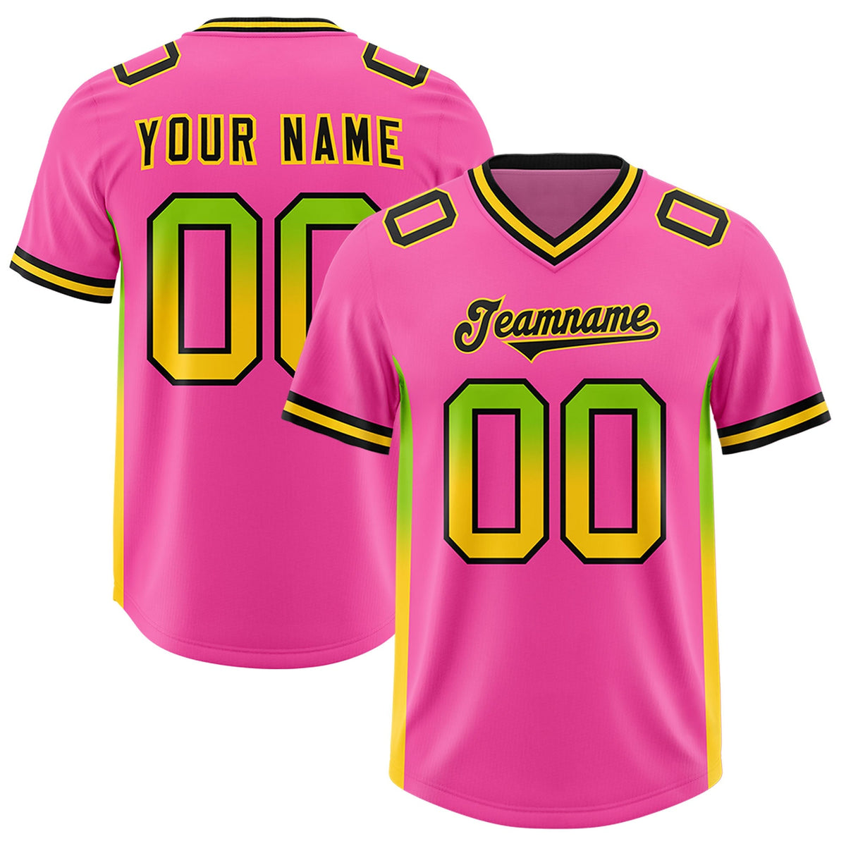 Custom Pink Neon Green and Gold Sides Gradient Fashion Personalized Team American Football Jersey