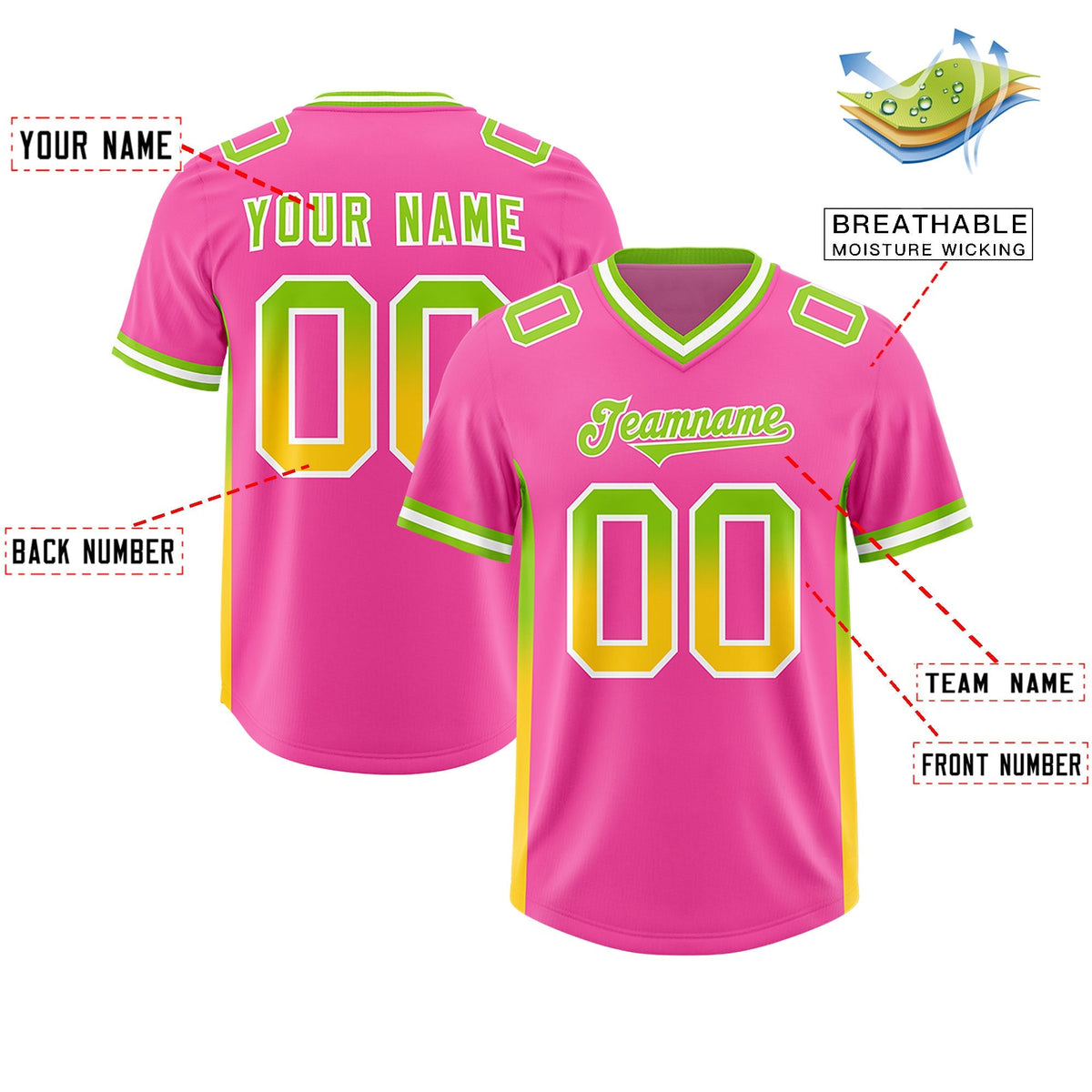 Custom Pink Neon Green and Gold Sides Gradient Fashion Personalized Team American Football Jersey