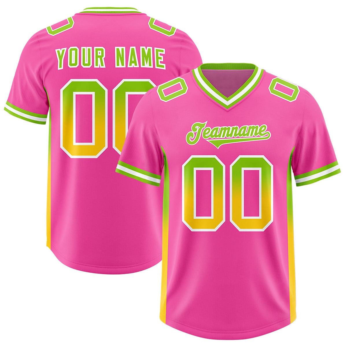 Custom Pink Neon Green and Gold Sides Gradient Fashion Personalized Team American Football Jersey