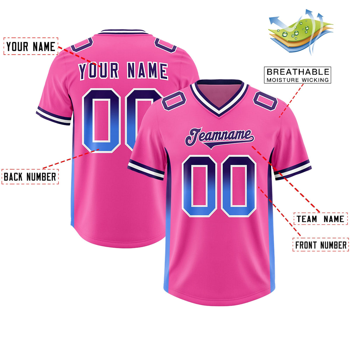 Custom Pink Purple and Powder Blue Sides Gradient Fashion Personalized Team American Football Jersey