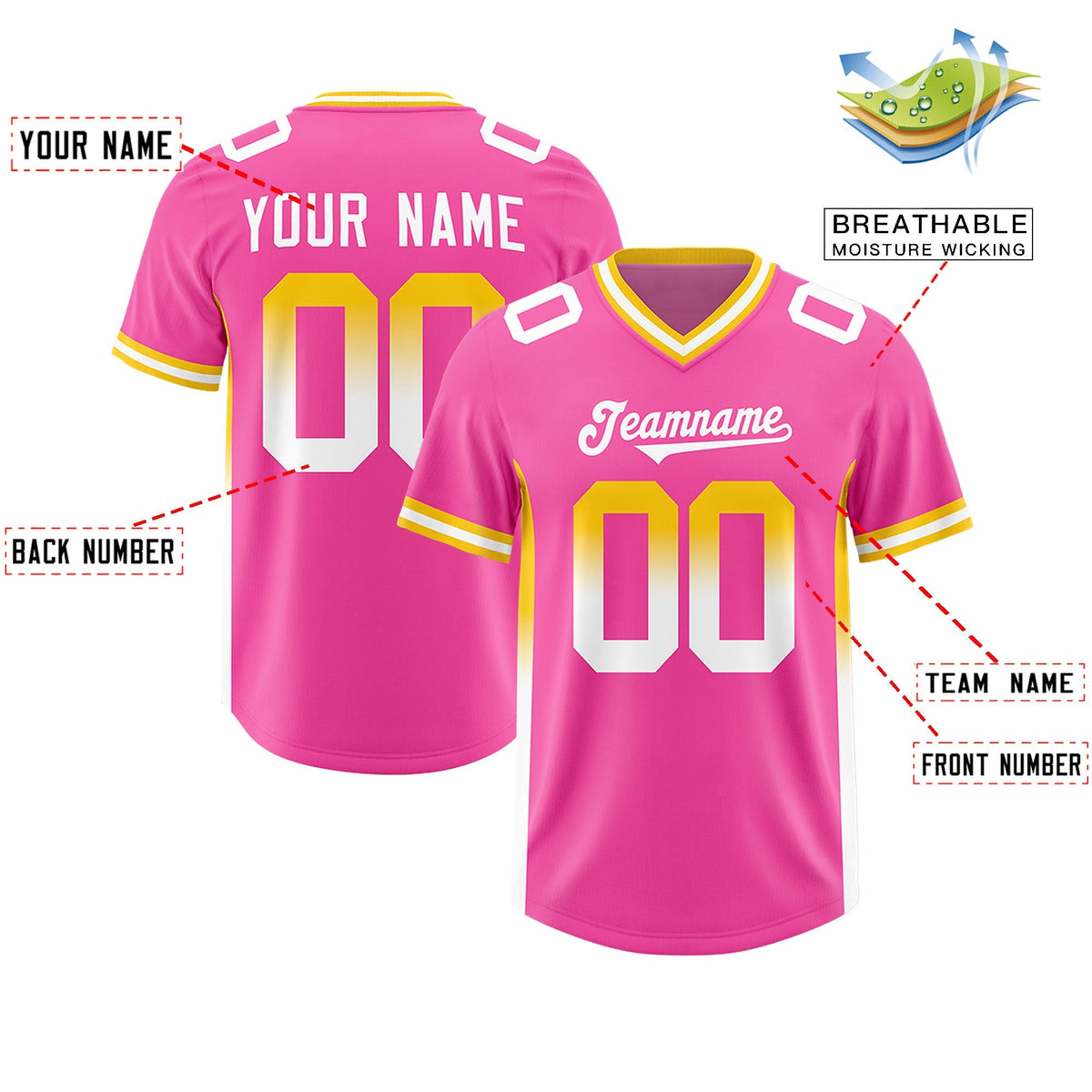 Custom Pink Gold Sides Gradient Fashion Personalized Team American Football Jersey