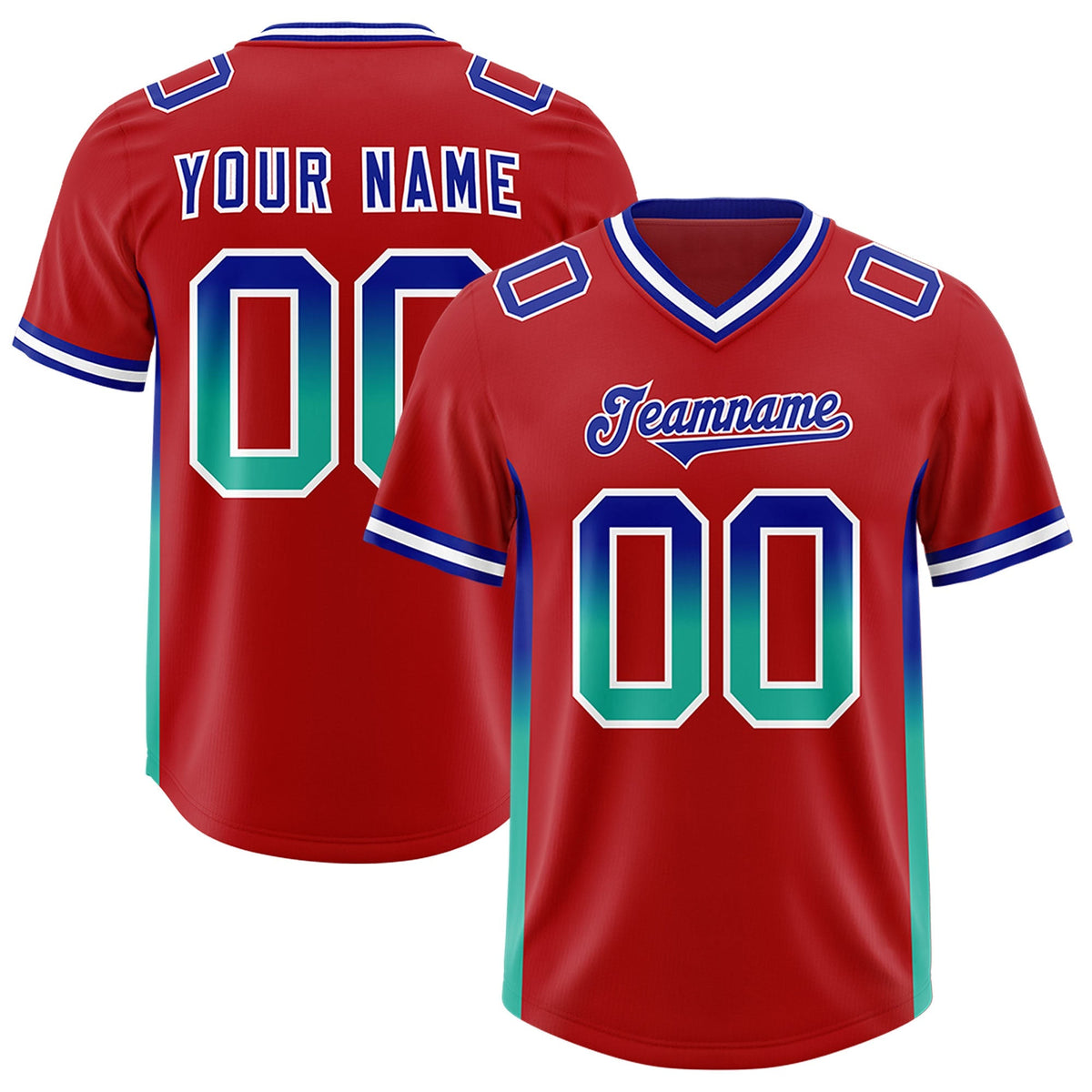 Custom Red Royal and Bright Green Sides Gradient Fashion Personalized Team American Football Jersey