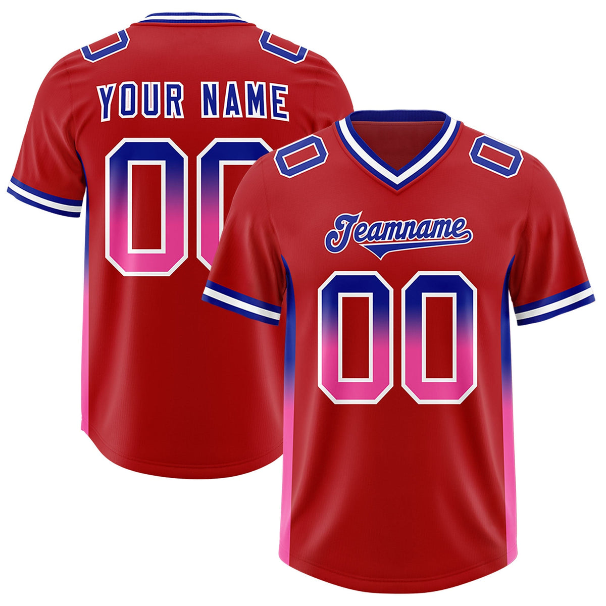 Custom Red Royal and Pink Sides Gradient Fashion Personalized Team American Football Jersey