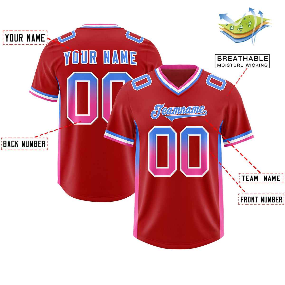 Custom Red Powder Blue and Pink Sides Gradient Fashion Personalized Team American Football Jersey