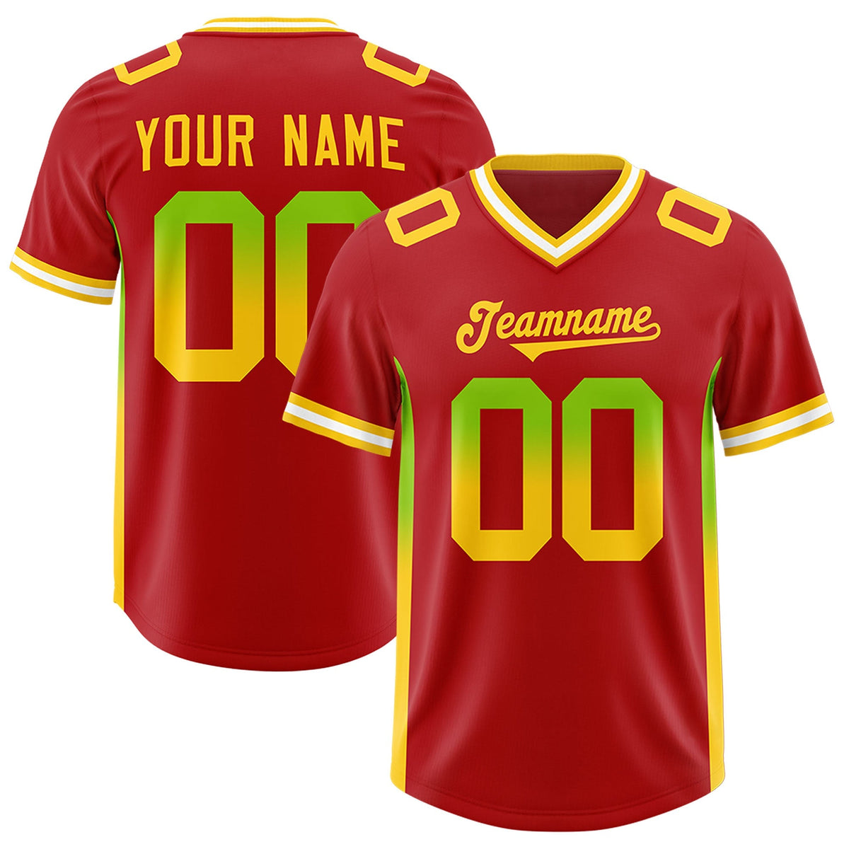 Custom Red Neon Green and Gold Sides Gradient Fashion Personalized Team American Football Jersey