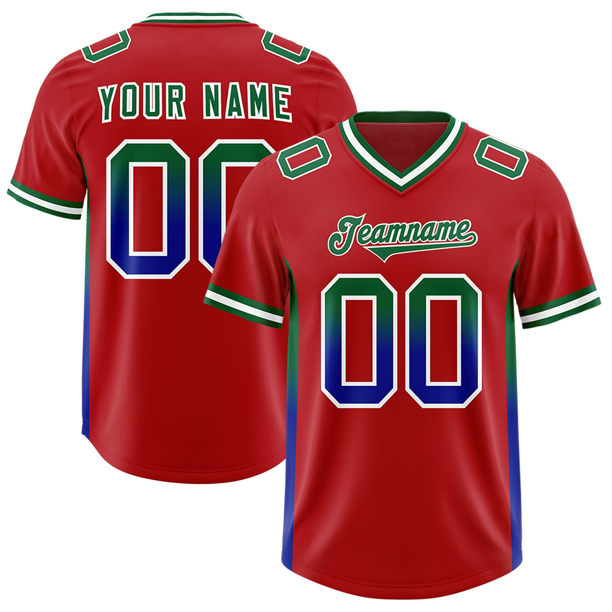 Custom Red Kelly Green and Royal Sides Gradient Fashion Personalized Team American Football Jersey