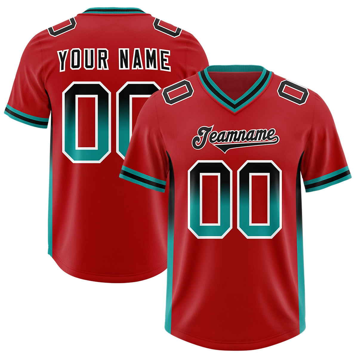 Custom Red Black and Aqua Sides Gradient Fashion Personalized Team American Football Jersey