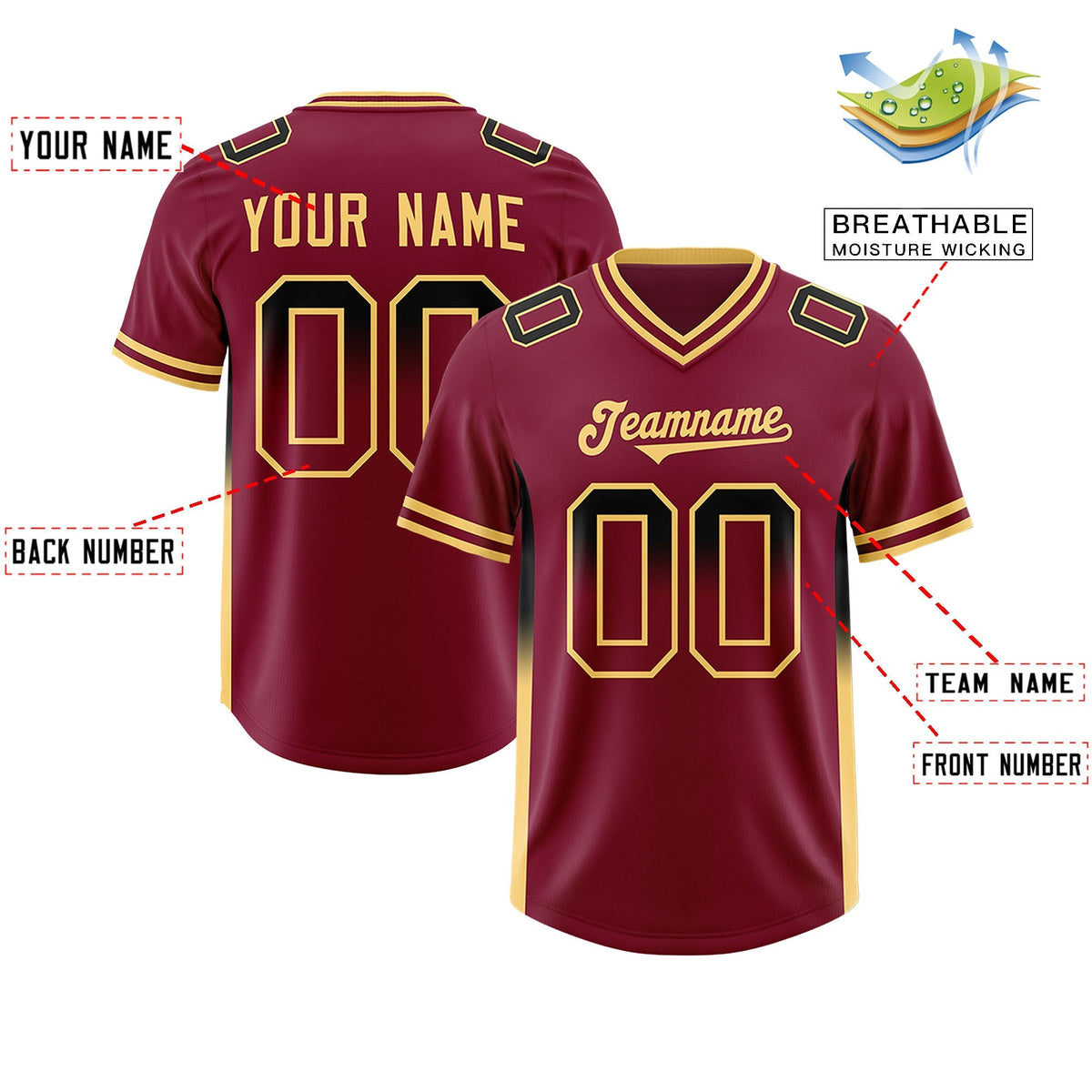 Custom Cardinal Black and Khaki Sides Gradient Fashion Personalized Team American Football Jersey