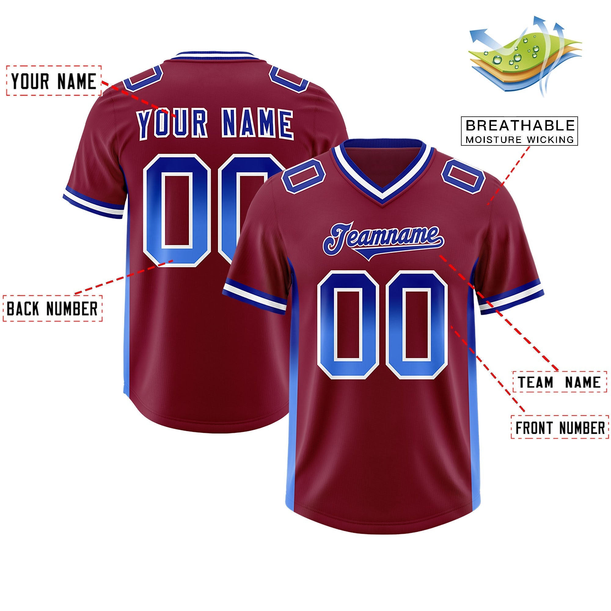 Custom Cardinal Royal and Powder Blue Sides Gradient Fashion Personalized Team American Football Jersey