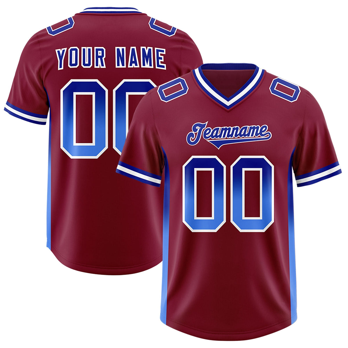 Custom Cardinal Royal and Powder Blue Sides Gradient Fashion Personalized Team American Football Jersey