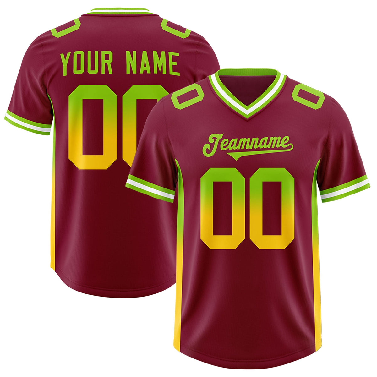 Custom Cardinal Neon Green and Gold Sides Gradient Fashion Personalized Team American Football Jersey
